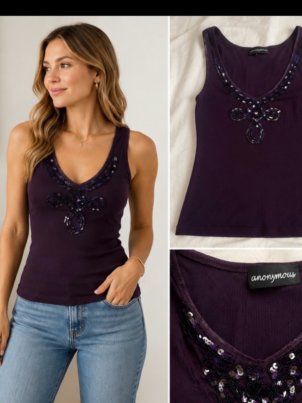 Express Purple Embellished Tank Top | Sequin Beaded V-Neck | Size S